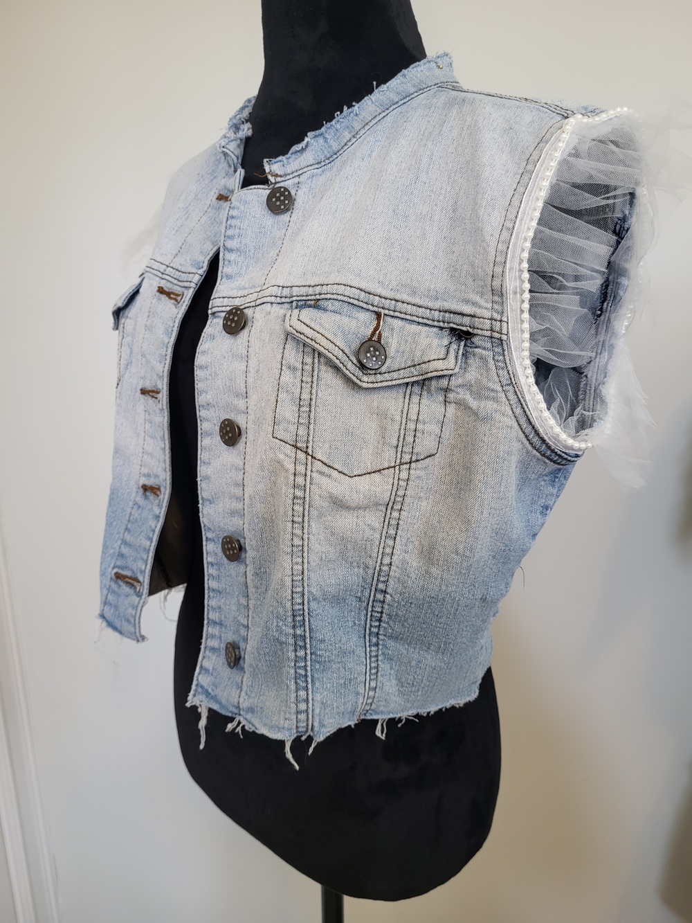 Light Wash Denim Vest with Tulle Sleeves